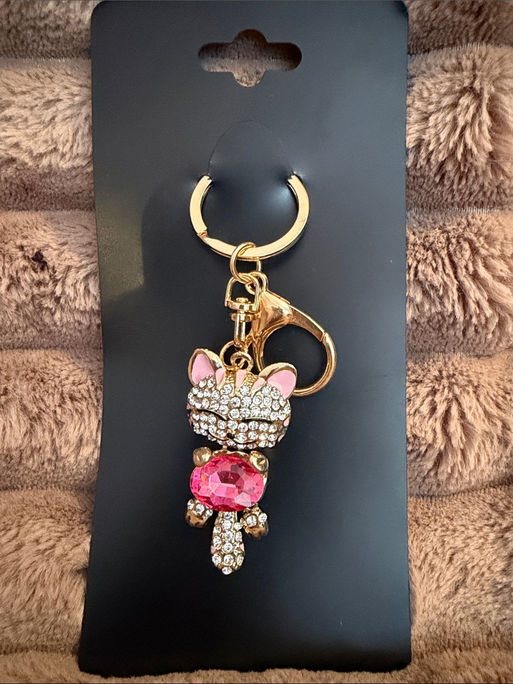Sparkling Cat Keychain with Pink Gem